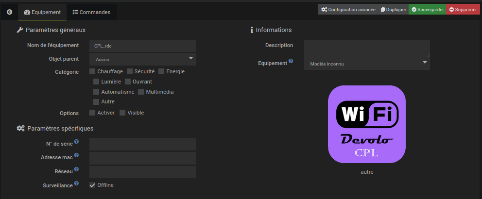 équipement non configuré