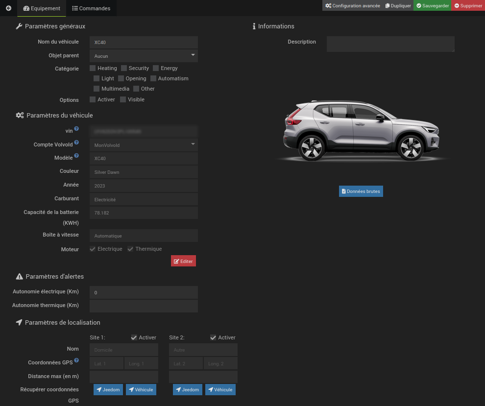 configuration véhicule